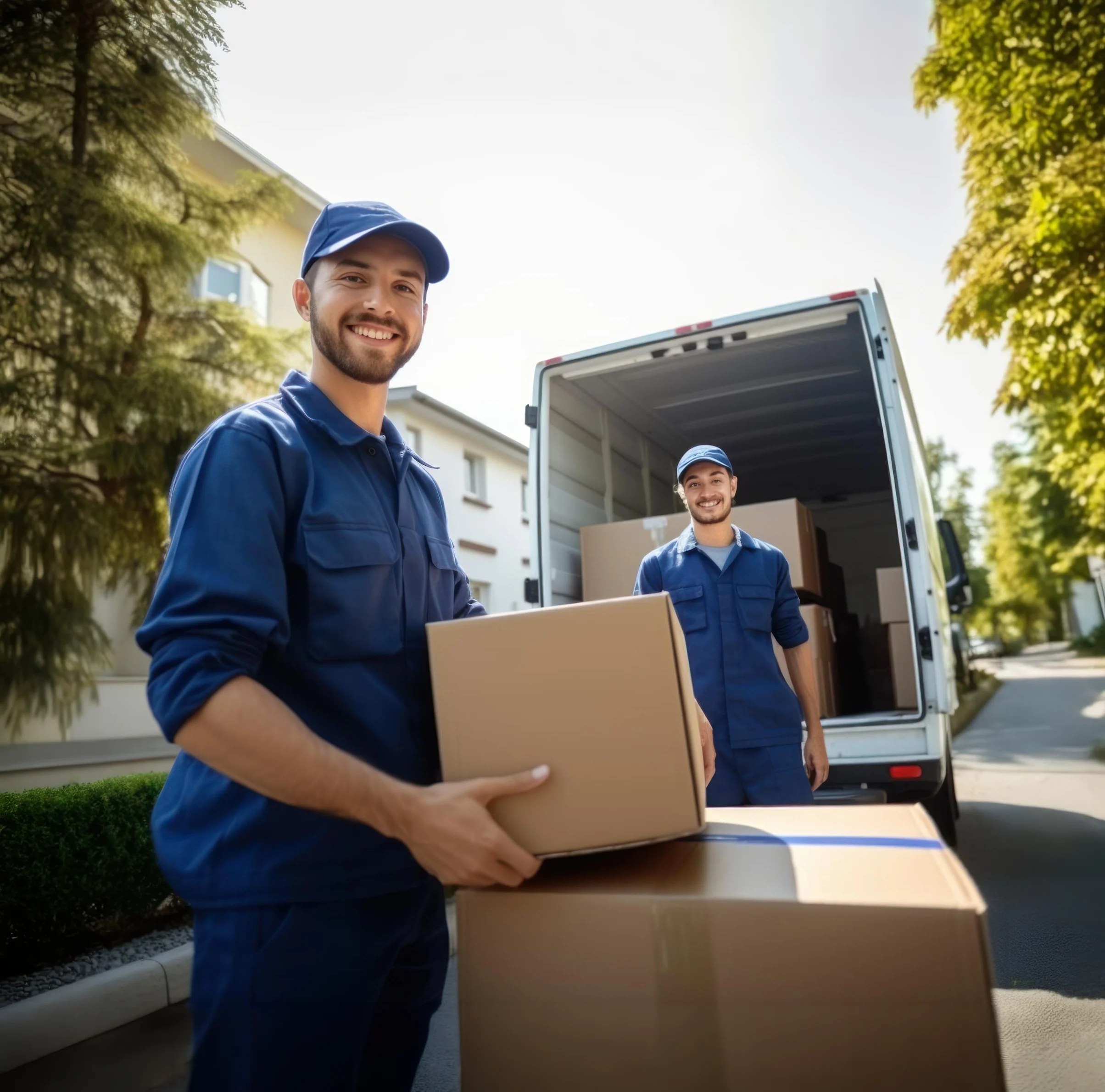 Two uniformed movers unloading boxes from a moving truck