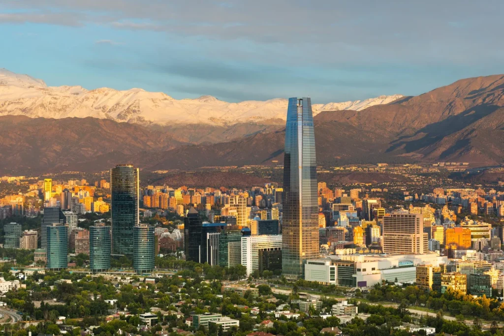 Santiago skyline with the Andes at sunset