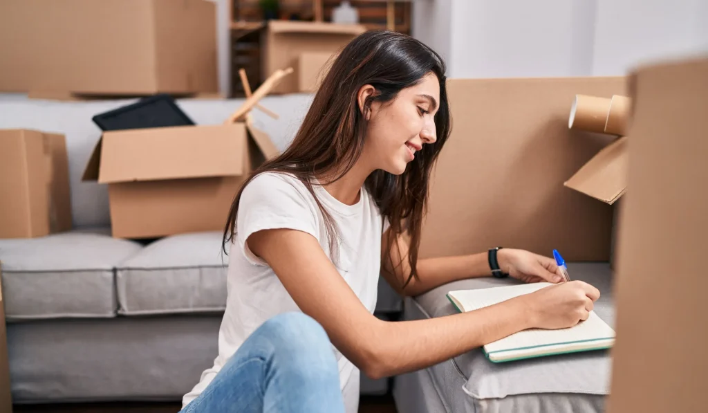 Woman sitting among moving boxes, writing notes in a notebook